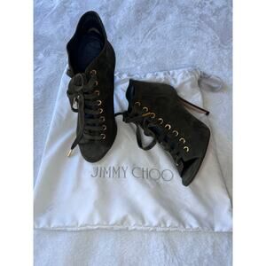 Jimmy Choo Dark Olive Suede Lace Up Peep Toe Heels Women 6.5 EU 36.5 Booties